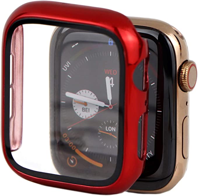 Cogift Red Hard Case Compatible with Apple Watch Series 6 Case SE Series 5 Series 4 44mm, Hard PC Case Slim Tempered Glass Screen Protector Overall Protective Cover for iwatch