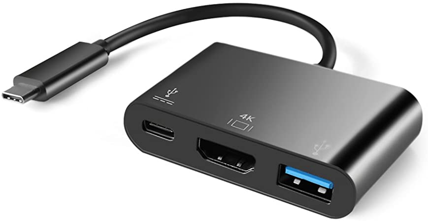 TNP USB Type C to HDMI + USB Type A + Type C Power Charging Port Multi Hub Combo Adapter - USB-C to SuperSpeed Standard USB 3.0, 4K UHD 1080P HD Video Audio Converter Connector Cable Plug Wire Cord