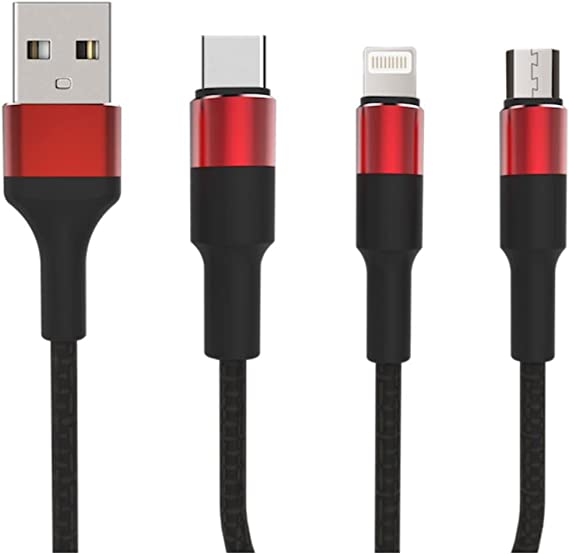 Keendex KX 2463 3 in 1 Fast Charging and Data Transfer Cable for Type-C, Micro and iPhone, 1.2 Meters- Multi Colours