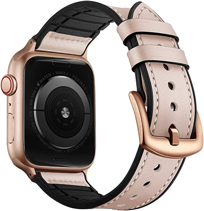 OUHENG Compatible with Apple Watch Band 38mm 42mm 40mm 44mm, Sweatproof Genuine Leather and Rubber Hybrid Band Strap Compatible with iWatch Series 6 Series 5 Series 4 Series 3 Series 2 Series 1 SE