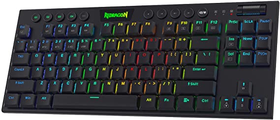 Redragon K621 80% Wireless RGB Mechanical Keyboard, 5.0 BT/2.4 Ghz/Wired Three Modes TKL Ultra-Thin Low Profile Bluetooth Keyboard w/Dedicated Media Control & Linear Red Switches, Black