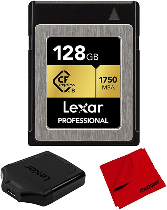 Lexar LCFX10-128CRBNA 128GB Professional CFexpress (CFX) Type B Memory Card Bundle Professional CFexpress Type B USB 3.1 Reader and Deco Gear 6 x 6 inch Microfiber Cleaning Cloth