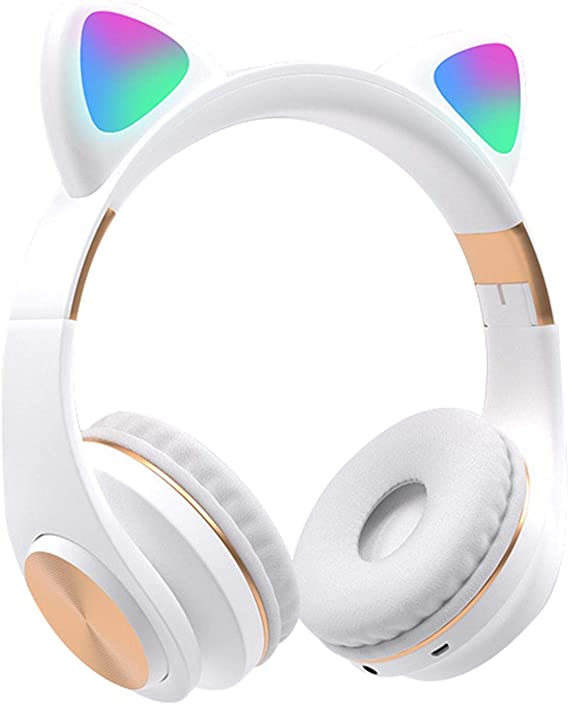 Girls Cat Ear Bluetooth Headphones, Wireless Foldable LED Light Up Headphones Over On Ear with LED Light for Child Teens PC TV Birthday Xmas (White)