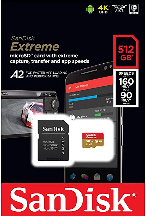 512GB memory card 160MB/s (U3) Extreme MicroSDXC UHS-I U3 A2 V30 with Full-Size Adapter from SanDisk for Huawei, Oppo, Android, Laptops, Cameras, Dell, Lenovo, HP, Microsoft surface and more