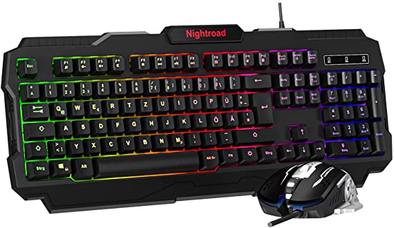 Gaming Keyboard and Mouse Combo Rainbow Backlit Gaming Keyboard Seven Colors Breathing Backlit Mouse USB Wired Gaming Keyboard Mouse Set(German version)