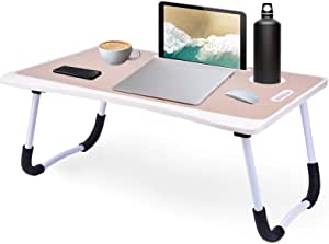 Laptop Desk, Foldable Laptop Bed Table, Portable Bed Tray Table Notebook Stand with Foldable Legs & USB/Cup Slot for Eating Breakfast, Reading, Watching Movie, and Children Studying (Beige Drawer)