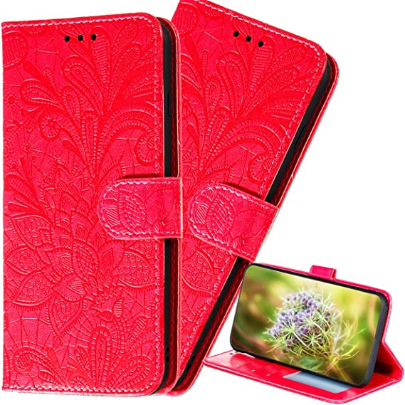 YSNZAQ for Galaxy A03 Fashion Wallet Style Phone Case with Card Holder, Lace Embossed TPU Leather Magnetic Buckle Protection Flip Stand Phone Case for Samsung Galaxy A03 (Not A03 Core) LC Red