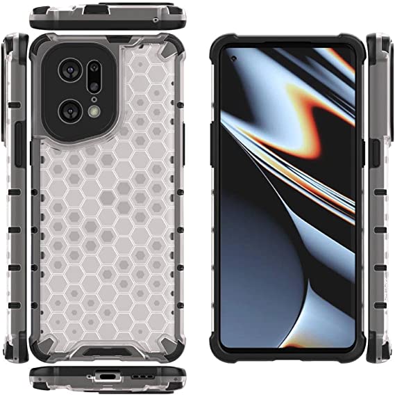 لهاتف Oppo Find X5 Pro, جراب اصلي مقاوم للصدمات بنمط خلية النحل من GrabologyStore - ابيض شفاف