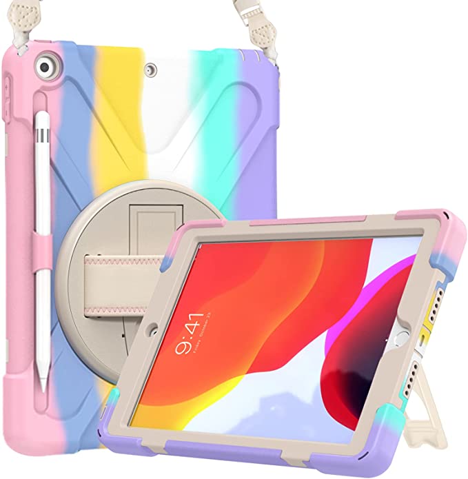 ProCase for iPad 10.2 Inch Case 2021 2020 2019 (9th / 8th / 7th Generation), with Strap Pencil Holder, Heavy-duty Shockproof Hybrid Rugged Case Cover, for iPad 9 / iPad 8 / iPad 7 -Colorfulpink