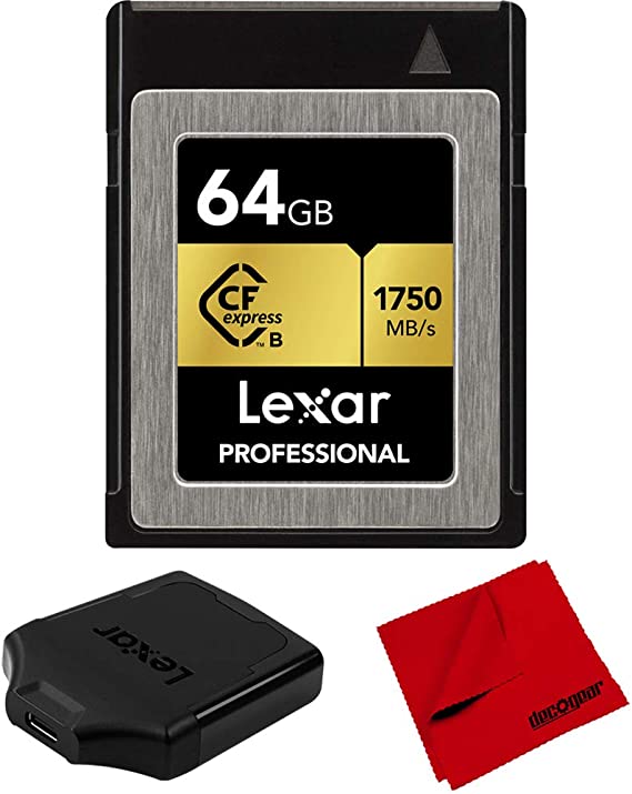 Lexar LCFX10-64GCRBNA Professional CFexpress Type B 64 GB Memory Card Bundle Professional CFexpress Type B USB 3.1 Reader and Deco Gear 6 x 6 inch Microfiber Cleaning Cloth