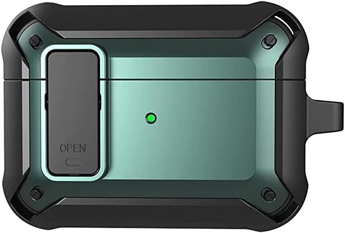 Antonia Durable AirPods Cover Designed for AirPods Pro, Shockproof, Full-Body Protection Case with Keychain, Airpod Accessory, Visible LED, Wireless Charging Compatible Case, Black & Green - 16