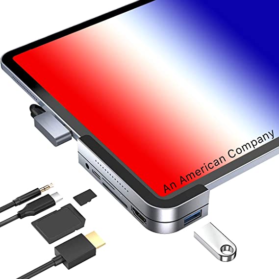 CharJenPro USB C Hub for iPad Pro 2020 - 2018, CharJenPro Angle USB C Hub for iPad Pro, MacBook Pro 16", 15" 13". 4K HDMI, 3.5mm Jack, Micro SD / SD Card Reader, USB 3.0, USB C PD