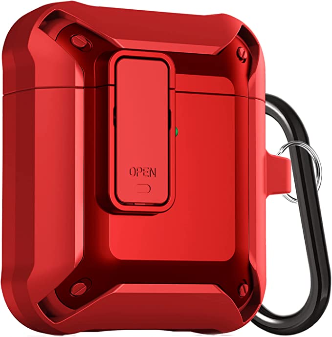 YOMPLOW Armor Airpods Case, [Secure Lock] Air Pods Full-Body Rugged Protective Case Men Charging Skin Shockproof iPods Case Cover with Carabiner for Apple Airpods 2&1 - Red