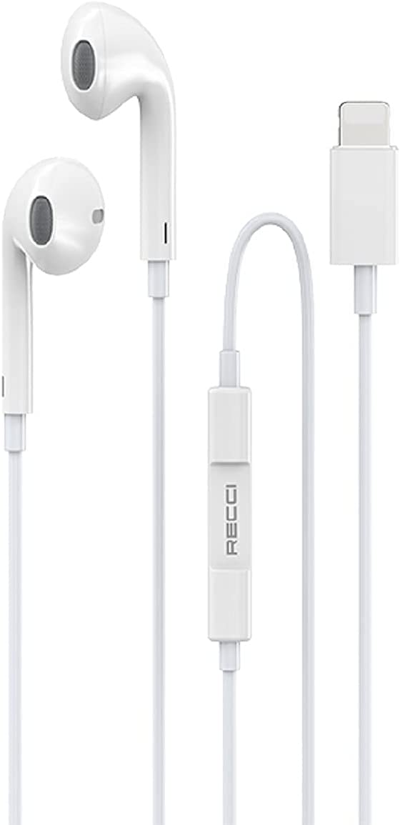 Recci Wired Lightning Earphone for apple iPhone 12,12 Pro, Pro Max White color REP-L09