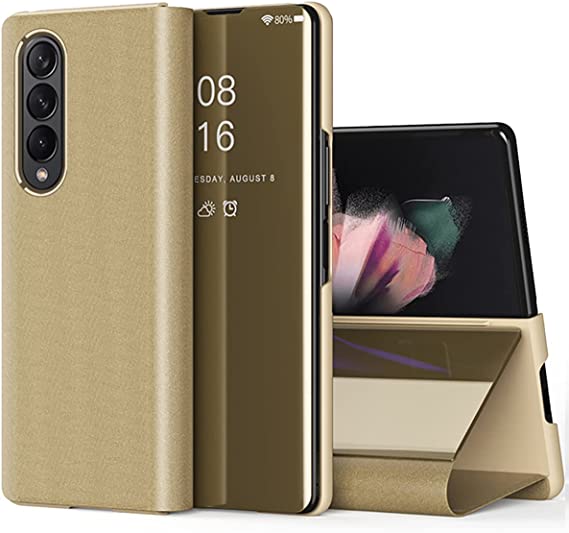 CCSamll Mirror Case for Samsung Galaxy Z Fold4 5G with Kickstand, Luxury Clear View Smart Display Flip Case Ultra Thin with Wireless Charging Phone Cover for Samsung Galaxy Z Fold 4 QH Golden