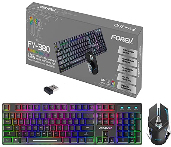 FV-380 Rainbow Backlit HighEnd Keyboard 2.4Ghz Wireless Rechargeable Membrane Keyboard and Mouse Set Illuminated For PC