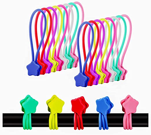 Reusable Silicone Strong Magnetic Cable Ties/Twist Ties for Bundling and Organizing Cables/Cords. Can Be Used in USB Cable, Fridge Magnets, Book Markers or Just for Fun(8 Colors - 16 Pack)