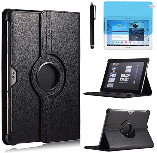 Case for Samsung Galaxy Note 10.1 Inch 2012 (GT-N8000 N8010 N8013) 360 Degree Rotation Full Protection Kickstand Case Cover with Stylus and Screen Protector Black