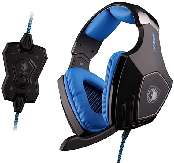 Black And Blue Color SADES A60 7.1 Surround Stereo PC Pro Gaming Vibration Headset Headband Headphone with High Sensitivity Mic Wolf Logo Flashing Light