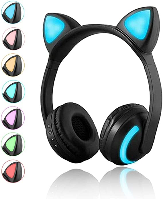 Wireless Bluetooth Cat Ear Headphones with Mic 7 Colors LED Light Flashing Glowing On-Ear Stereo Headset Compatible with Smartphones PC Tablet