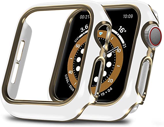 ONMROAD Hard Case Compatible with Apple Watch Series 6 5 4 SE 44mm Lightweight and Shock Absorbent Bumper with Gold Edge for iWatch Cover 44mm - White