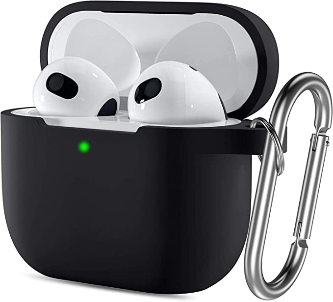 AirPods 3 Case Cover with Keychain Full Body Protective Shockproof Cute Soft Silicone Compatible with Apple Airpods 3rd Generation Case for Women Men Front LED Visible Black