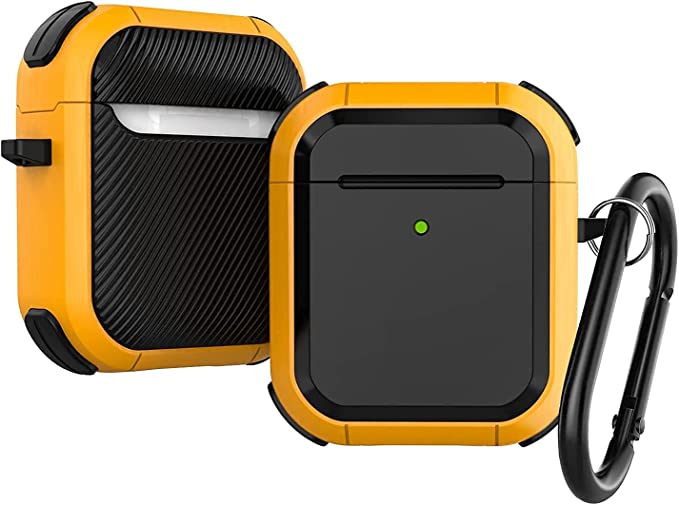 Antonia Durable AirPods Cover Designed for AirPods 2 & 1, Shockproof, Full-Body Protection Case with Keychain, Airpod Accessory, Visible LED, Wireless Charging Compatible Case, YELLOW/BLACK34