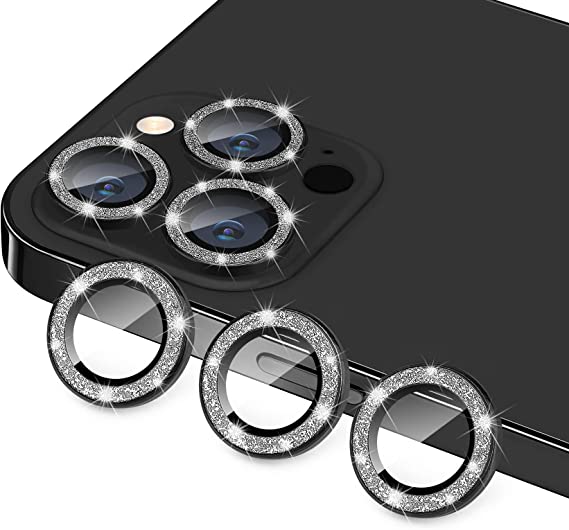 Hsefo for iPhone 12 Pro Max Camera Lens Protector, Bling Glitter 9H Tempered Glass Camera Cover Anti Scratch Shockproof Screen Protector Individual Ring - 3Pcs Glitter Graphite