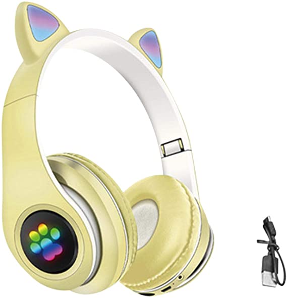 Kids Headphones,Cat Ear Wireless Gaming Headset,Foldable LED Light Up Bluetooth Over Ear Headphones,Volume Limiting,FM Radio, TF Card,Mic for Kids Adults