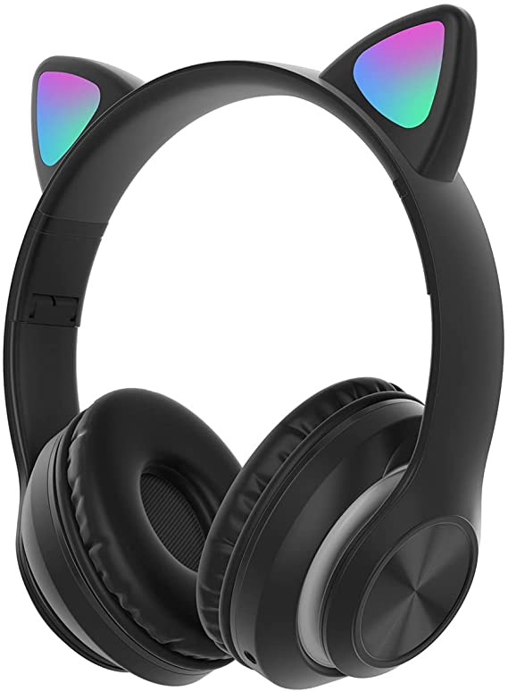 POHOVE Cat Ear Headphones, Over-ear Headphones with LED Cat Ears, Rechargeable Foldable Earphone Light Up Glowing Wired Headphones for Kids Adult Girls and Boys(Black)