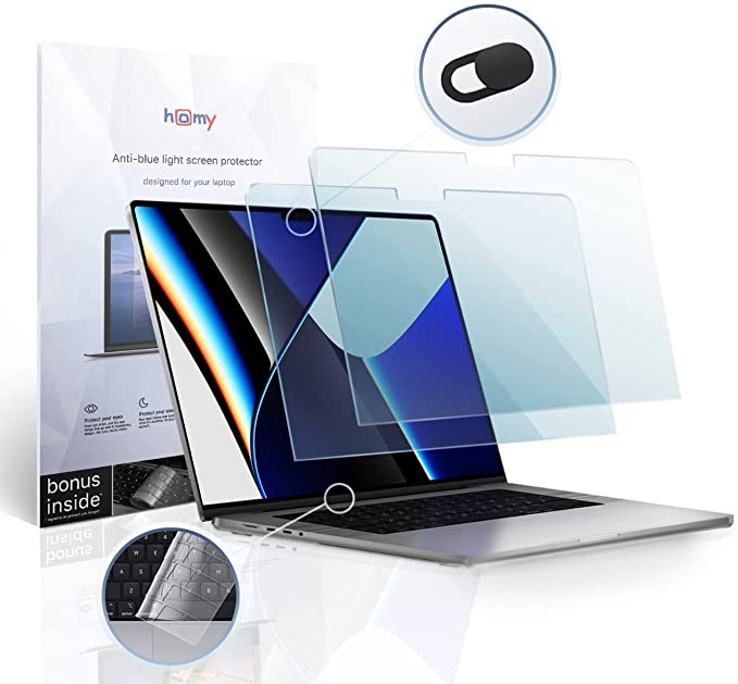 Homy Anti-Blue Light Screen Protector [2-Pack] for New MacBook Pro 14.2 inch 2021-2022. Bonus: Ultra-Thin Keyboard Skin, Web Camera Lens Cover. Eyes Protection for A2442 with M1 Pro, M1 Max