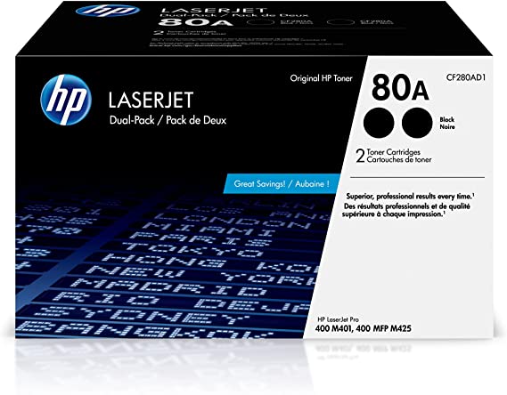 HP 80A | CF280AD1 | 2 Toner Cartridges | Black | Works with HP LaserJet Pro 400 Printer M401 series, M425dn