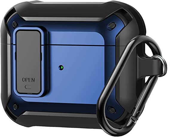 Airpod 3rd Generation Case 2021 Secure Lock Clip Case Apple AirPod 3 Case Cover Military Armor Series Full-Body Rugged Hard Shell for Men Women with Keychain ,Wireless Charging (Black & Navy)