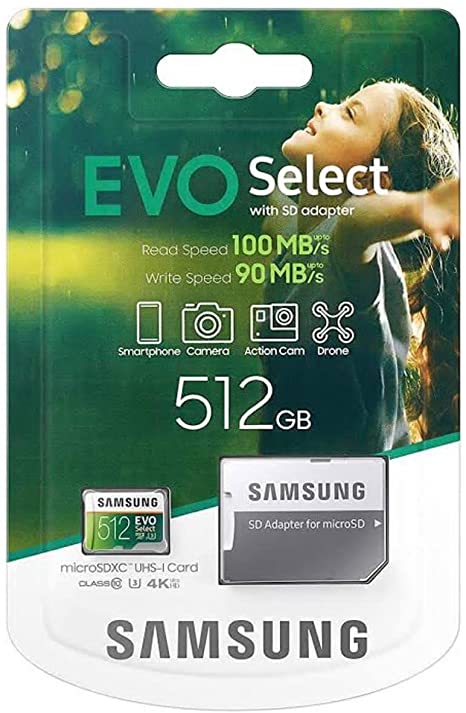 512GB memory card 100MB/s (U3) MicroSDXC EVO Select with Full-Size Adapter for Samsung, Huawei, Oppo, Android, Laptops, Dell, Lenovo, HP, Microsoft surface and more