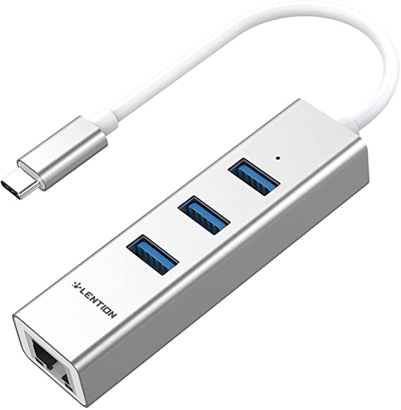 LENTION USB-C to 3 USB 3.0 Port Hub with Gigabit Ethernet LAN Adapter Compatible Apple MacBook Air 2018, MacBook Pro 13/15 (Thunderbolt 3), Chromebook, More Type C & Thunderbolt 3 Device (Silver)