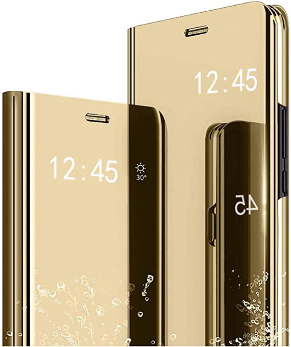 Ysnzaq Phone Case for Samsung Galaxy A22 4G (Not fit A22 5G),Smooth Clear View Smart Display Mirror Case with Flip Kickstand Shockproof Cover for Samsung Galaxy A22 4G QH Golden