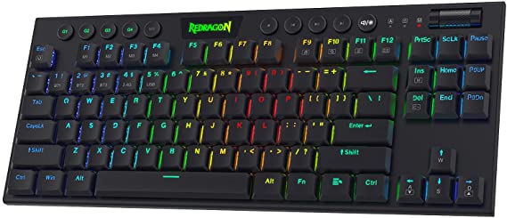 Redragon K621 80% Wireless RGB Mechanical Keyboard, 5.0 BT/2.4 Ghz/Wired Three Modes TKL Ultra-Thin Low Profile Bluetooth Keyboard w/Dedicated Media Control & Linear Red Switches, Black