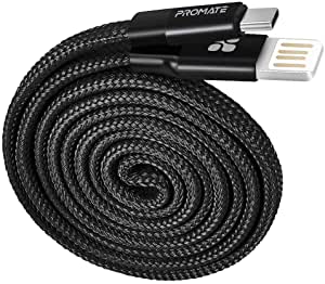 Promate Coiline-C Auto-Coiling USB-C Cable, Premium Fabric Braided Aluminium Alloy Reversible USB-A to Type-C Cable With 2A Fast Charge and Sync 1.2 Meter Cord, Coiline-C (Black)