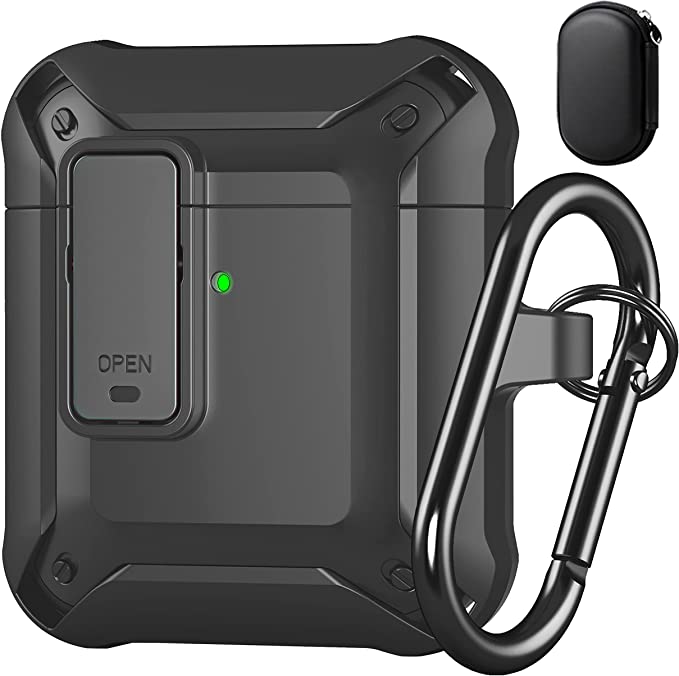 AirPods 1&2 Gen Case Cover [with Secure Lock],7 in 1 Upgraded Armor Full-Body Rugged Protective Accessories Set for Apple Air Pod 1/2 Generation Case Cover for Men with Keychain(Black)