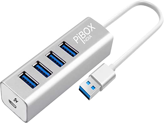 pibox India USB 3.0 HUB 4 Port, Aluminium Portable Hub with Micro USB for Data Transfer with 30 cm USB Cable for Laptop, PC, MacBook Air, Mac Mini, USB Flash Drives and HDD Hard Drive (Silver)