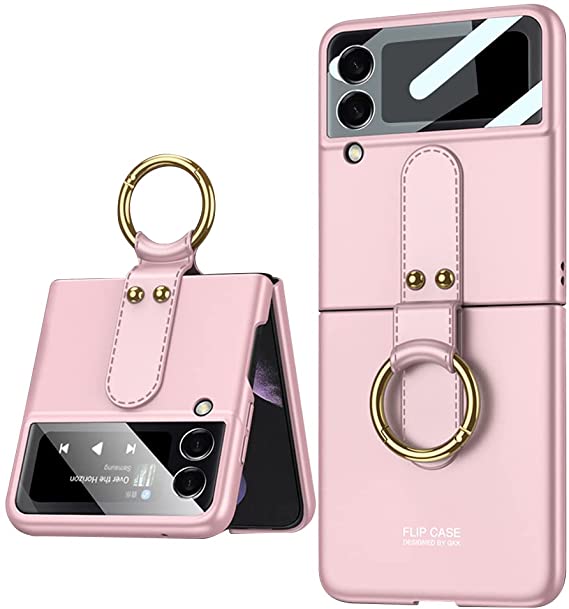 DOOTOO for Samsung Galaxy Z Flip 3 Case Ultra Thin Matte PC Protective Cover with Ring，Hybrid 9H Glass All-Inclusive Camera Lens Protector Case for Samsung Galaxy Z Flip 3 5G (Pink)