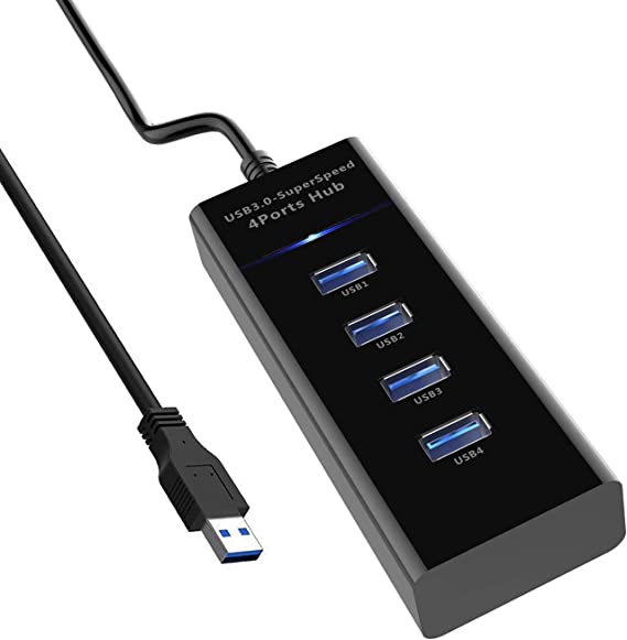 DukeIo USB Hub 3.0, 4-Port High Speed USB Hub, 4 Data Transfer Port with 1 ft Extended Cable &LED Lights for Computers iPhone, iPad, MacBook, Laptop, PC, Mobile, XPS, Surface Pro, USB Flash Drives