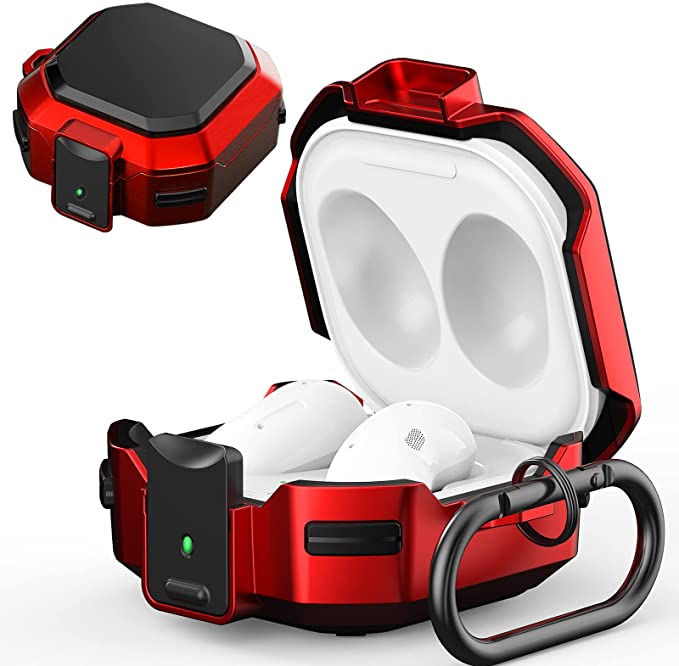 (with Security Lock) Armor Case Cover for Galaxy Buds 2 Case/ Galaxy Buds Pro Case / Galaxy Buds Live Case Cover Hard PC Shockproof Case Cover with Keychain/Straps/Cleaning Brush. (Red)