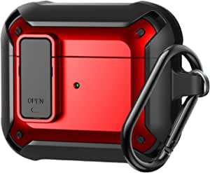 Airpods 3 Case Cover 2021, OTOPO [Secure Lock] Armor Military Full-Body Rugged AirPod 3 Protective Case Shockproof Skin Cover Men Women with Carabiner for Apple Airpods 3rd Generation Case (Black/Red)