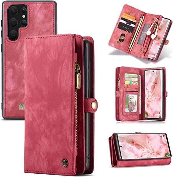 Kowauri for Samsung Galaxy S22 Ultra Wallet Case,Zipper Purse Leather Shockproof TPU Bumper Detachable Magnetic Flip Case with Card Slots Stand Wallet Case for Samsung Galaxy S22 Ultra 5G (Red)
