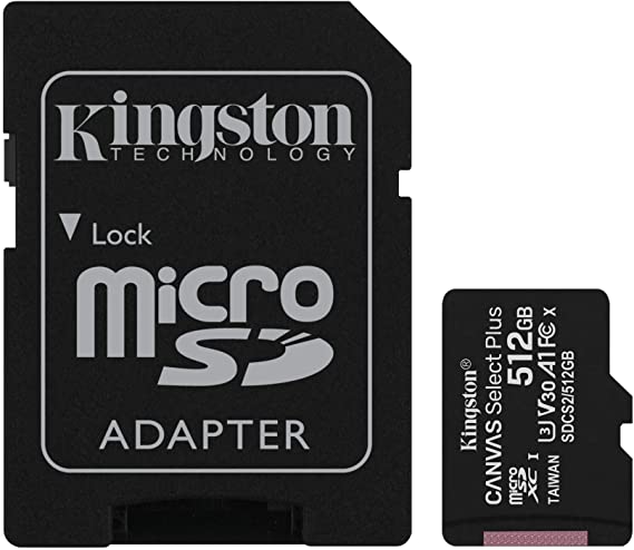 Kingston 512GB microSDHC Canvas Select Plus 100MB/s Read A1 Class UHS-I Memory Card +Adapter with Frustration Free Packaging (SDCS2/512GBET)