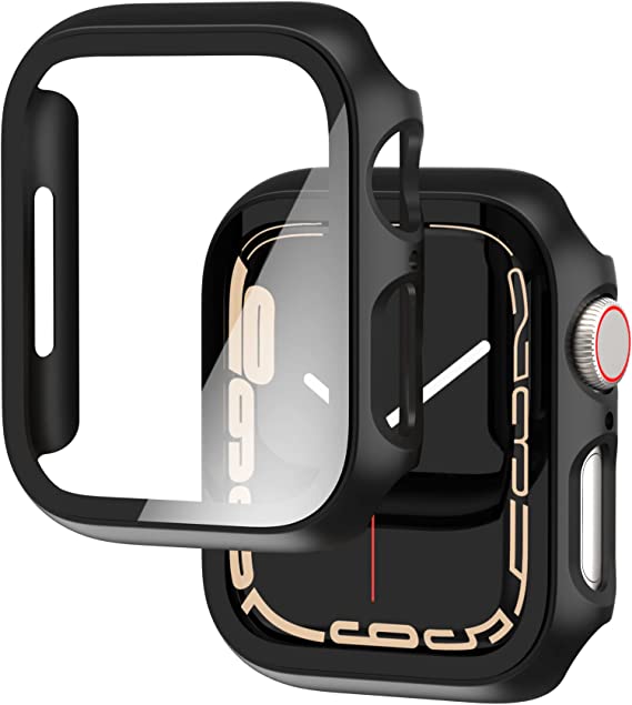 2 PACK Falandi Black Hard Case Compatible with Apple Watch Series 7, 45mm Case with Screen Protector, Matte Black Thin Hard Cover Bumper Tempered Glass Full Coverage Protective for iwatch (Black,45mm)
