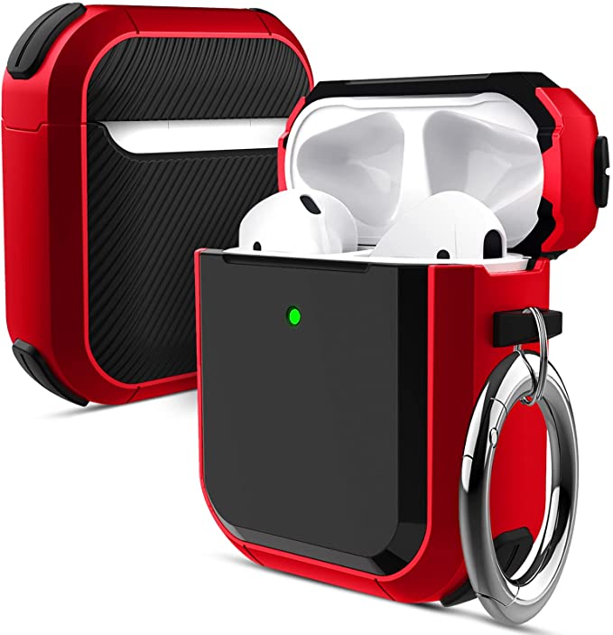 TITACUTE for AirPods Case 1 2 Protective Cover Shockproof Full-Body Drop Protection Tough Bumper Armor with Secure Lock Keychain Carabiner Holder for AirPods 1st Generation 2nd Gen Man Women Black Red