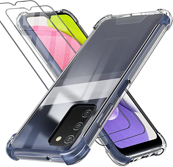 KIOMY Samsung Galaxy A03s Clear Case with 2pcs HD Tempered Glass Screen Protectors Hybrid Anti Yellow Hard Acrylic with Soft TPU Shockproof Bumper Protection Diamond Transparent Cover for Women Girls