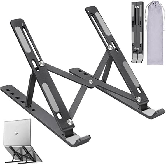 Foldable Laptop Stand Riser, 6 Level Height & Angle Adjustment| 2X Stronger M-Shape Aluminum Structure, Silicone Pads, Air Ventilation for Cooling, for Laptop Tablet Size